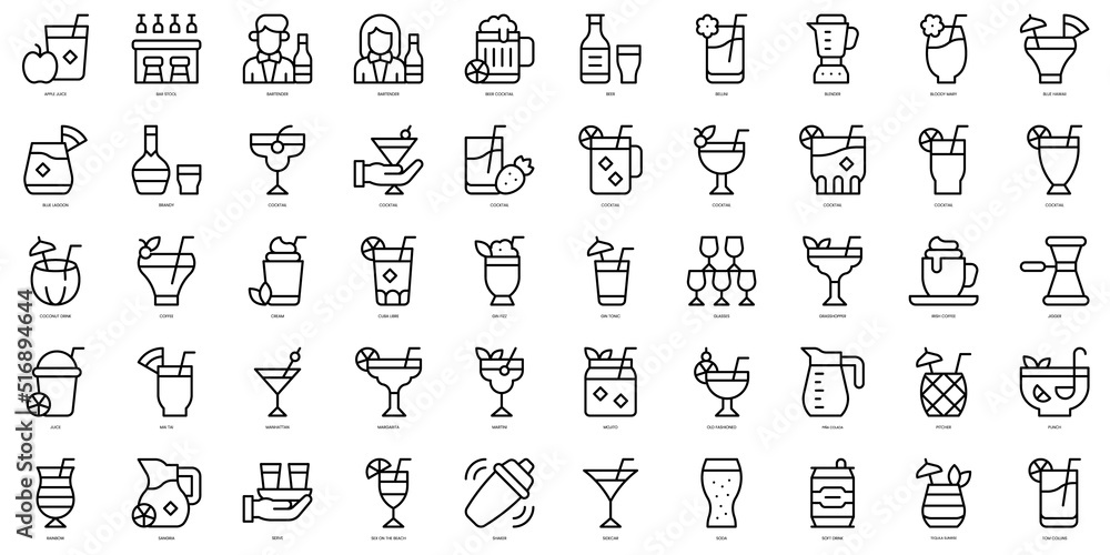 Set of thin line cocktails Icons. Vector illustration
