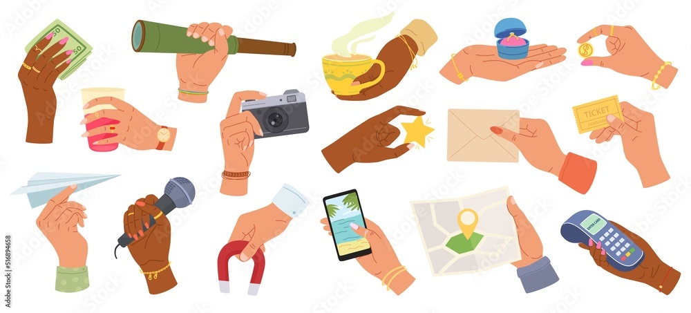Hands holding things. Different objects in human hand, hold gestures. Hand with microphone, photo camera and mobile phone vector set
