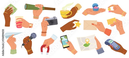 Hands holding things. Different objects in human hand, hold gestures. Hand with microphone, photo camera and mobile phone vector set