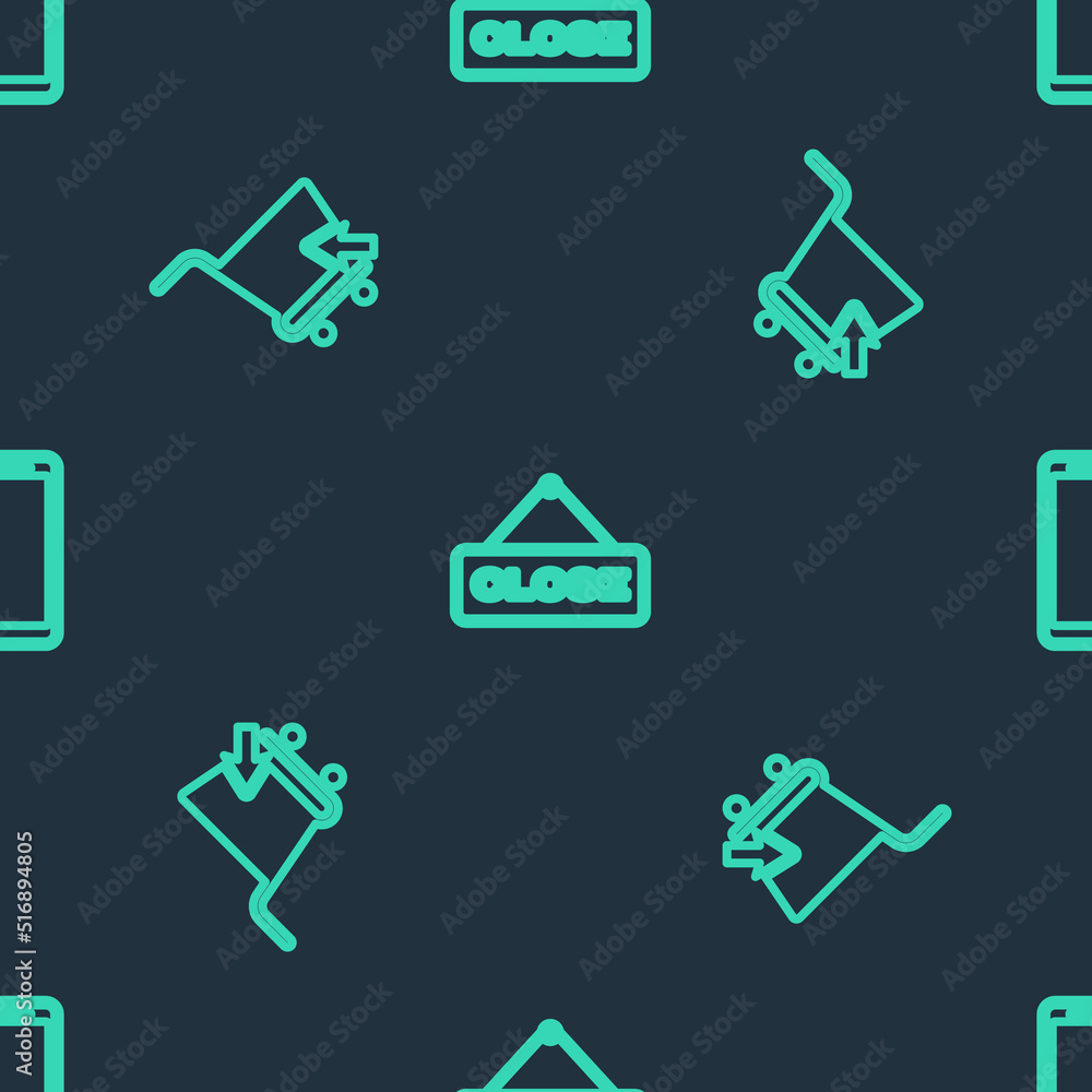 Set line Hanging sign with Close, Shopping cart cursor and Smartphone, mobile phone on seamless pattern. Vector Set line Hanging sign with Close, Shopping cart cursor and Smartphone, mobile phone on seamless pattern. Vector
