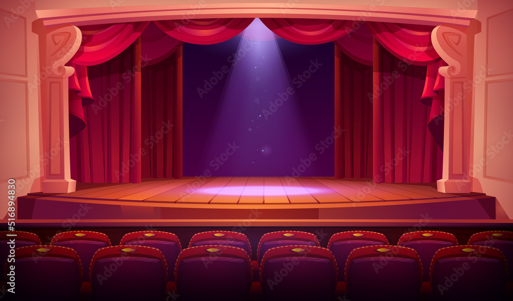 Theater stage with red curtains spotlights and empty seats rows Theater stage with red curtains spotlights and empty seats rows