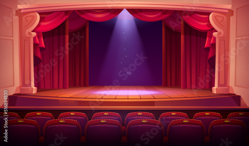 Theater stage with red curtains, spotlights and empty seats rows. Theatre interior with wooden scene with luxury velvet drapes, music hall, opera, drama cartoon background, Vector illustration