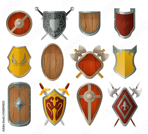 Cartoon medieval shield. Old castle decor, armor with crossed swords, wooden and metal shields vector set