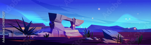 Western desert landscape at night. Vector cartoon illustration of nature scene of drought sand land with aloe plant and dark arc mountains and stones in Africa, Arizona or Mexico in evening