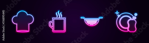 Set line Chef hat, Coffee cup, Kitchen colander and Washing dishes. Glowing neon icon. Vector