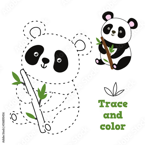 Dot to dot panda game. Connect dots and color image of cute bear with branch, entertainment for kid vector illustration