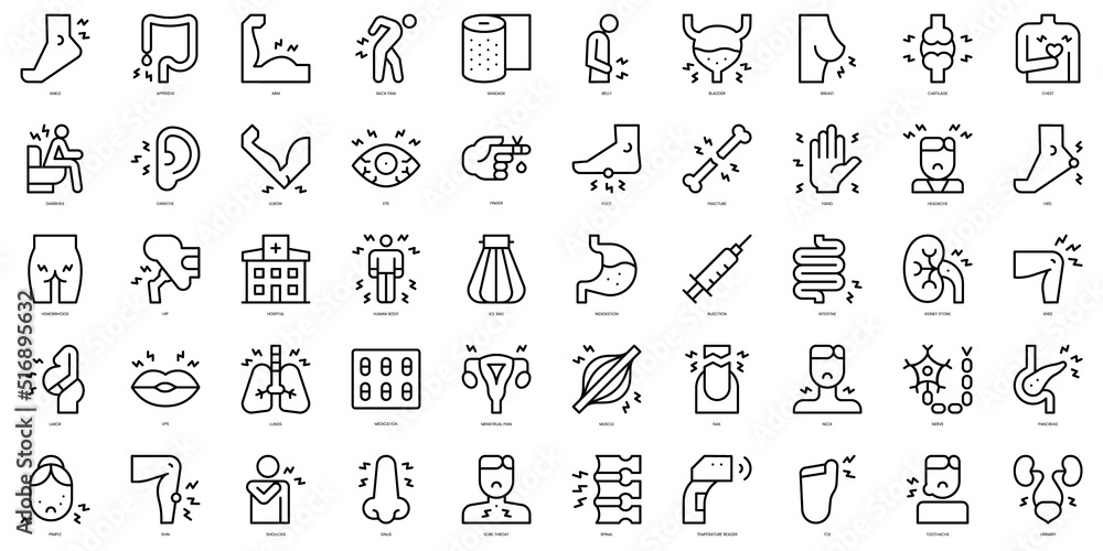 Set of thin line body ache Icons. Vector illustration