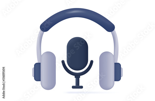 3d headset, headphone with microphone icon. Equipment and accessories for remote communication, podcast, vlog or stream. Hotline or support service concept. Audio with earphone. Vector illustration