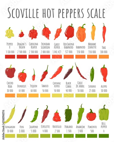 Scoville hot peppers scale. Hot pepper chart, spicy level and scovilles heat units poster vector illustration photo