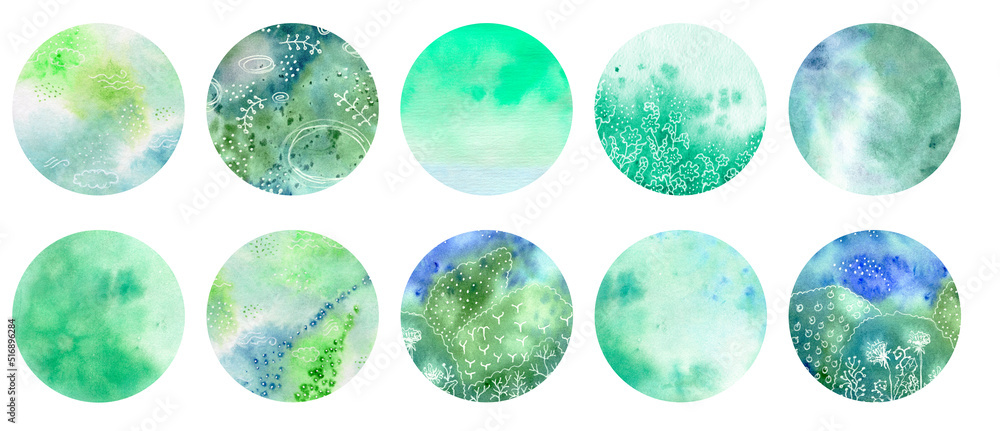 Set of 10 templates for networks Story Highlights Covers Icons. Watercolor hand-drawn rounds for social media stories for bloggers. Green colors, white liner Set of 10 templates for networks Story Highlights Covers Icons. Watercolor hand-drawn rounds for social media stories for bloggers. Green colors, white liner