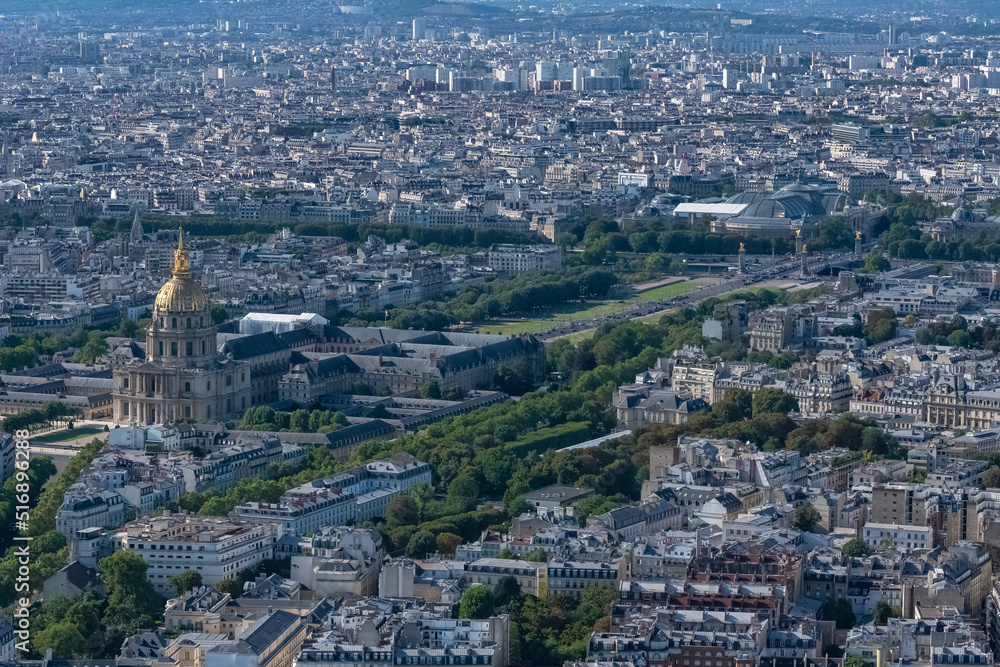 Paris, aerial view of the city, with the Invalides dome, the Alexandre III bridge and the Grand Palais
