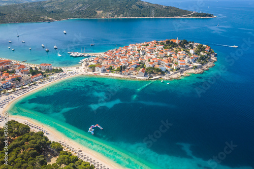 Town of Primosten on Adriatic sea in Dalmatia, Croatia, view from air
