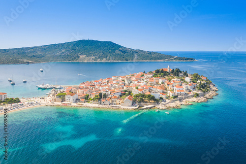 Town of Primosten on Adriatic sea in Dalmatia, Croatia, view from air