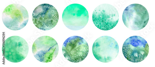 Set of 10 templates for networks Story Highlights Covers Icons. Watercolor hand-drawn rounds for social media stories for bloggers. Green colors, white liner