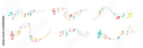 Color music notes. Musical notation lines with note symbols, song waves and musically rainbow vector illustration set