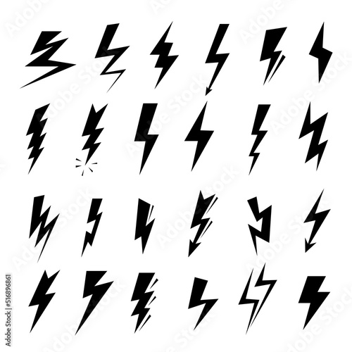 Lightning bolt icons. Speed of flash, thunderbolt storm symbols and electric power vector pictogram set