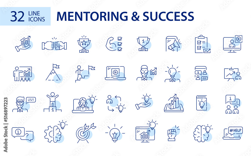 Set of 32 mentoring, coaching and success strategies line art icons. Pixel perfect, editable stroke - obrazy, fototapety, plakaty 