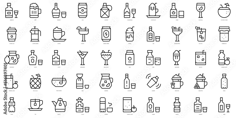 Set of thin line beverages Icons. Vector illustration