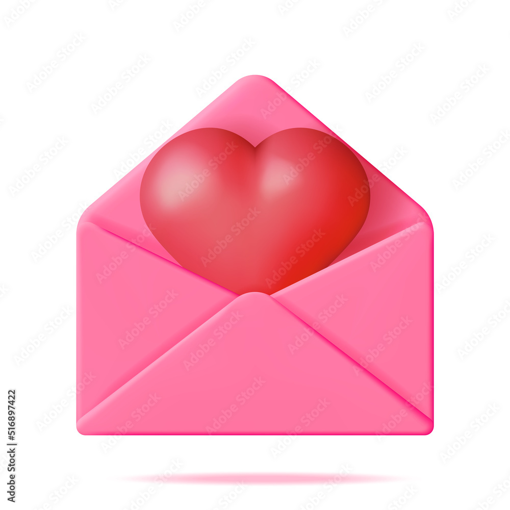3D Open Envelope Letter with Red Heart Isolated. 3D Open Envelope Letter with Red Heart Isolated.