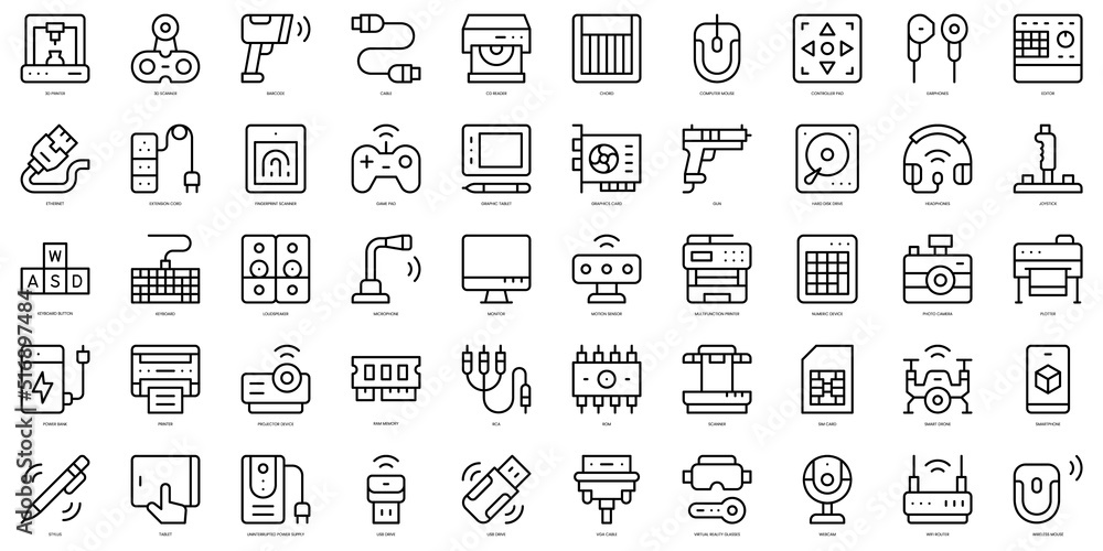 Set of thin line computer peripherals Icons. Vector illustration