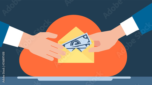 Man giving bribe money in a yellow envelope to another businessman in a corruption scam. Corrupt man received money in envelope. Condemnation of criminal acts. Dishonesty. Business vector illustration