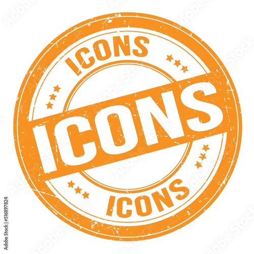 ICONS text written on orange round stamp sign