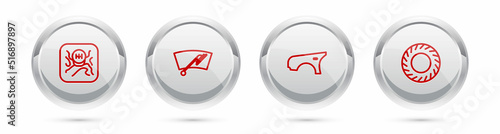 Set line Gear shifter, Windscreen wiper, Car fender and tire. Silver circle button. Vector