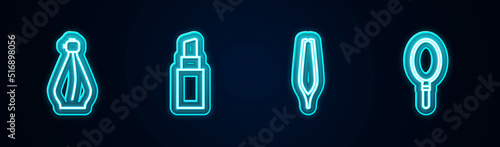 Set line Perfume, Lipstick, Eyebrow tweezers and Hand mirror. Glowing neon icon. Vector