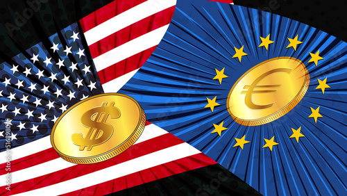 Gold coins of american dollar USD and Euro EUR with colored national flags of America and Europe. Exchange rates are almost equal and who is now leader is not clear.