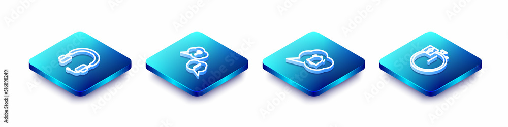 Set Isometric line Headphones, Question and Exclamation, Speech bubble chat notification and Stopwatch icon. Vector Set Isometric line Headphones, Question and Exclamation, Speech bubble chat notification and Stopwatch icon. Vector