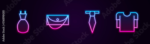 Set line Woman dress, Clutch bag, Tie and Long sleeve shirt. Glowing neon icon. Vector