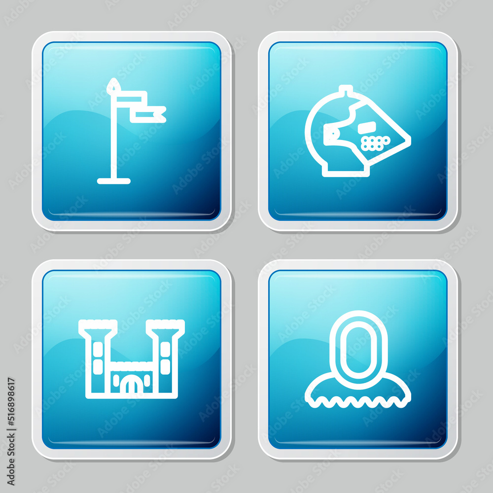 Set line Medieval flag, iron helmet, Castle and hood icon. Vector Set line Medieval flag, iron helmet, Castle and hood icon. Vector