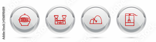 Set line Medieval iron helmet, Castle, Bale of hay and rake and Well with bucket. Silver circle button. Vector