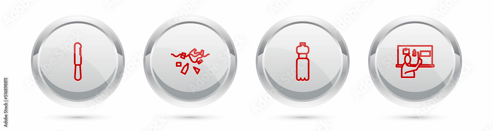 Set line Disposable plastic knife, Problem of pollution planet, Bottle water and Stop. Silver circle button. Vector Set line Disposable plastic knife, Problem of pollution planet, Bottle water and Stop. Silver circle button. Vector