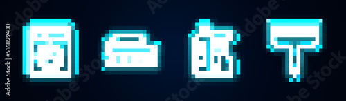 Set line Washer, Brush for cleaning, Bottles agent and Rubber cleaner windows. Glowing neon icon. Vector