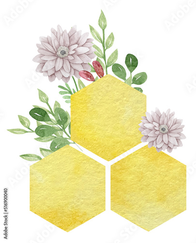 Watercolor colorful big bees combs with flowers and leaves isolated on white background.