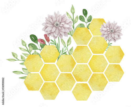 Watercolor colorful big bees combs with flowers and leaves isolated on white background.