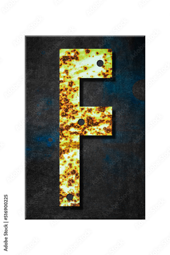 Fototapeta premium Letter F. Alphabet from letters, from rusty iron, on a wooden plank. Isolated on white background. Education. Design