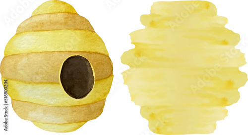 Watercolor beehive with round shaped entrance. Watercolor illustrations in the theme of beekeeping