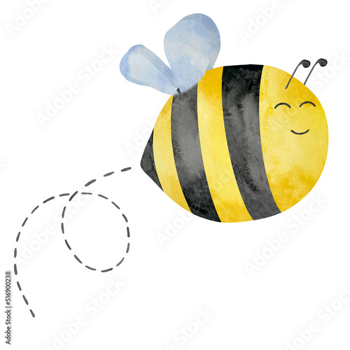 Watercolor cute bee with flight path, honey, summer theme. Honey design for baby.