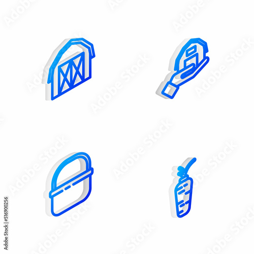 Set Isometric line Farm house in hand    Basket and Carrot icon. Vector