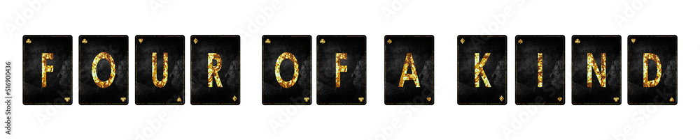 Obraz premium Four of a Kind, words, from alphabet on vintage playing cards, isolated on a white background. Casino. Design element. Gambling