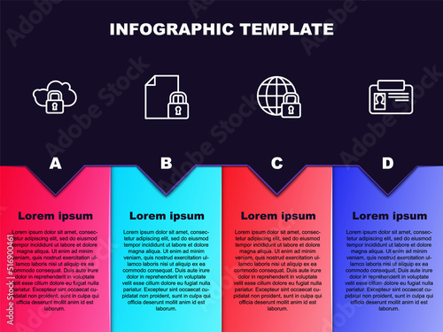 Set line Cloud computing lock, Document and, Global lockdown and Identification badge. Business infographic template. Vector