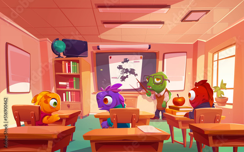 School of fish, funny students and teacher underwater animals during educational lesson. Old tutor with pointer stand at blackboard explain class to children in classroom Cartoon vector illustration