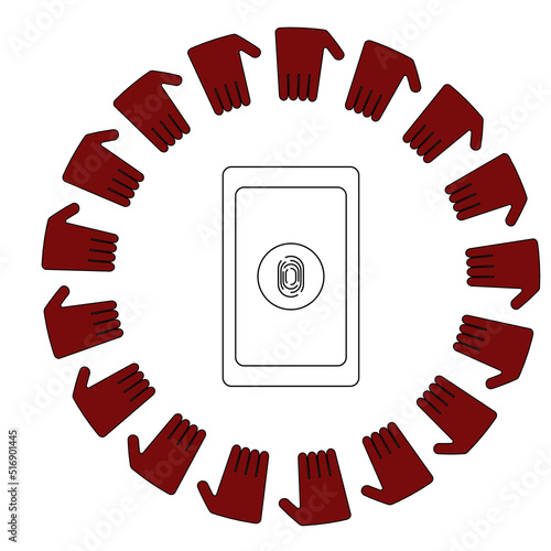 A modern linear illustration on the topic of data preservation and the search for malware programs to protect personal information. An image of a phone surrounded by the hands of an attacker