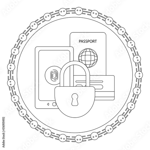 A modern linear illustration on the topic of data preservation and the search for malware programs to protect personal information. An image of a phone, bank card and passport surrounded by a virus