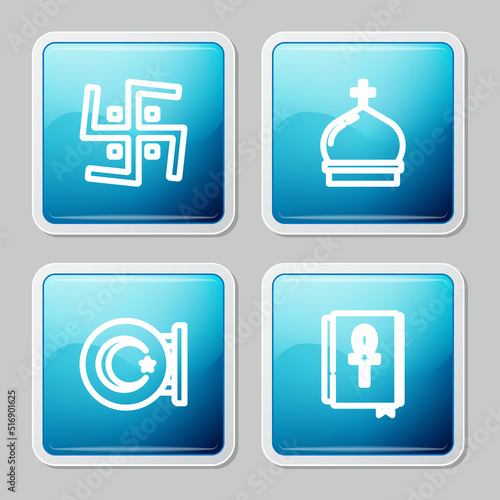 Set line Hindu swastika, Church tower, Star and crescent and Cross ankh book icon. Vector
