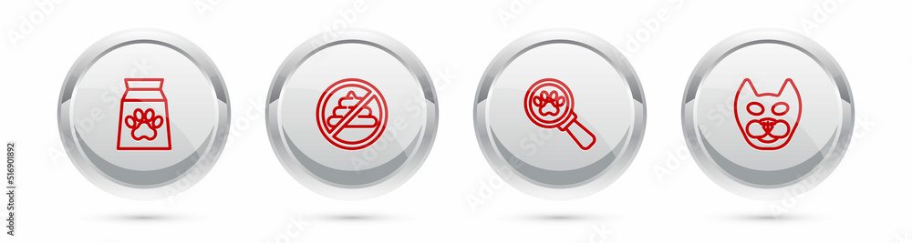 Set line Bag of food for pet, No shit, Veterinary clinic and Cat. Silver circle button. Vector Set line Bag of food for pet, No shit, Veterinary clinic and Cat. Silver circle button. Vector