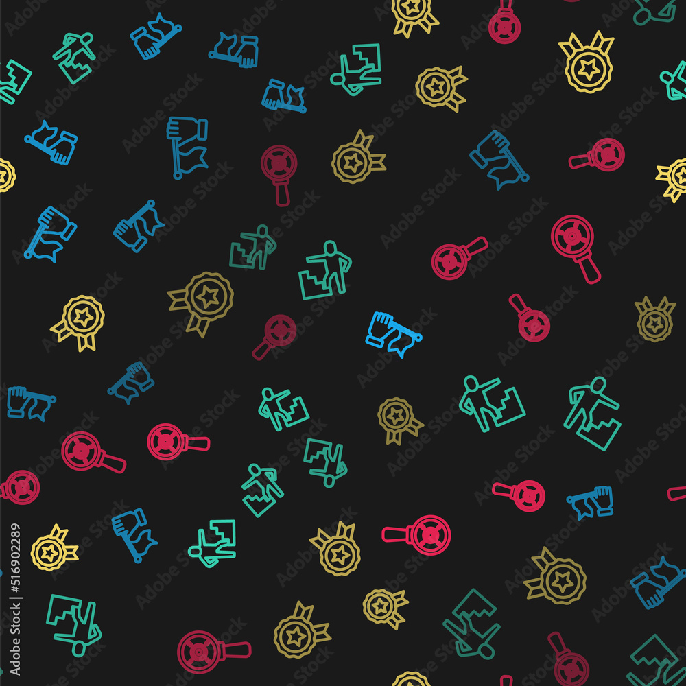 Set line Hand holding flag, Stair with finish, Medal and Target magnifying glass on seamless pattern. Vector Set line Hand holding flag, Stair with finish, Medal and Target magnifying glass on seamless pattern. Vector