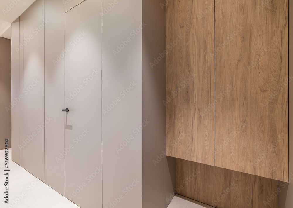 Apartment corridor with wooden wardrobe and grey panel walls with door. Apartment corridor with wooden wardrobe and grey panel walls with door.